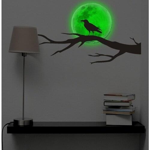New Luminous Moon Crow Halloween Wall Sticker For Living Room Creative Bedroom Decorative Stickers Background Wall Decoration