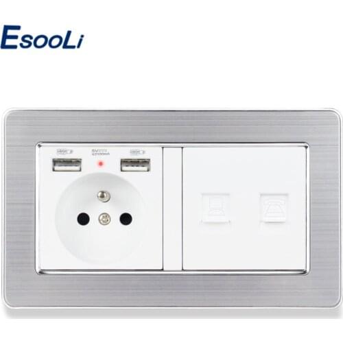 ESOOLI Stainless Steel Panel French Standard Socket with 2 USB Charge Port + RJ45 Internet and RJ11 2 Core Telephone Connector