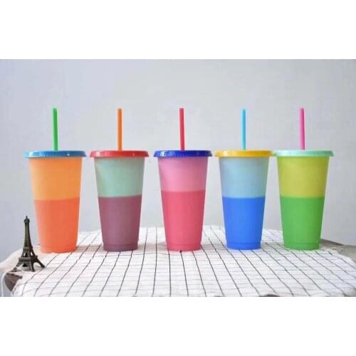 700ML Plastic Temperature Change Color Cups 5pcs Colorful Cold Water Color Changing Coffee Cup Mug Water Bottles With Straws Set