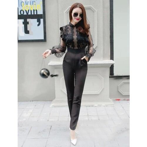 Sexy Black Lace Chiffon Patchwork Women Jumpsuit Elegant Mesh Lantern Sleeves Cutout Lace Jumpsuit