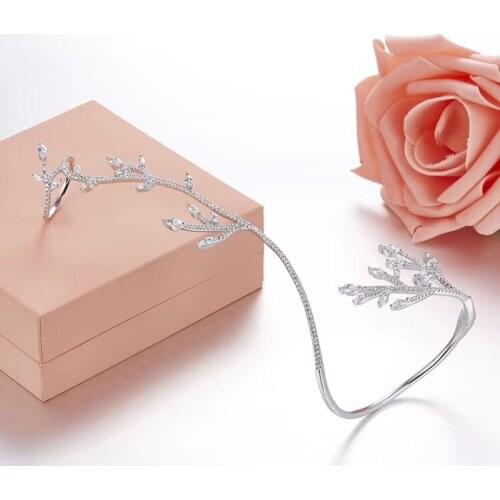SOELLE High Quality 925 Sterling Silver Tree Branch Open Cuff Zircon Leaf Bangle with Ring Bracelet Women Luxury Wedding Jewelry