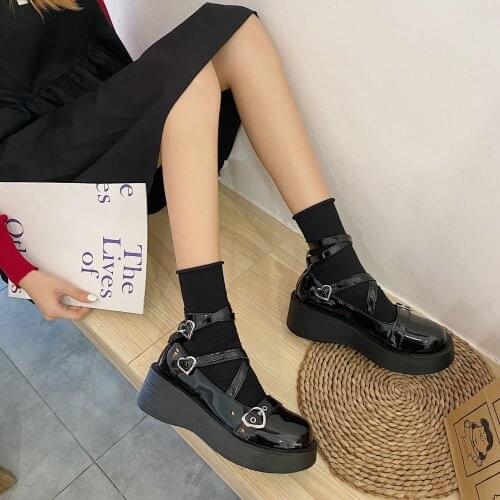 Yshunij Lolita Shoes Loli Leather Shoes Girls Soft Girl Doll Shoes Shallow Mouth Low-top Uniform Shoes Thick Bottom Wedges Women