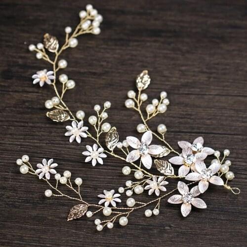 New golden leaf flowers pearl delicate hair decoration women headpiece couronne wedding hair jewelry wholesale