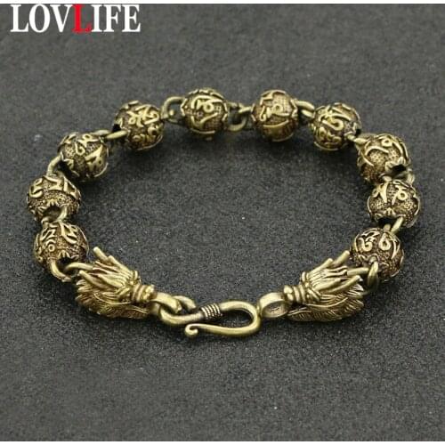 Vintage Copper Buddhism Mantra Beads Chains Dragon Head Bracelets Brass Rosary Bangles Fashion Hip-hop Men Wome Bracelet Jewelry