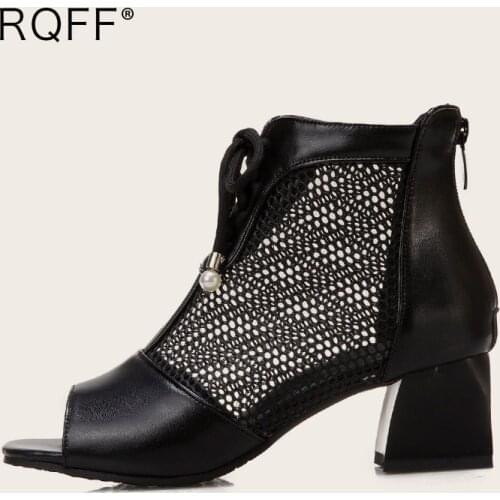 Women Peep Toe Sandals Plus Size 44 45 46 47 48 Summer Korean Style Shoes High Square Block Heel Handmade Black Mesh Lace Up Zip