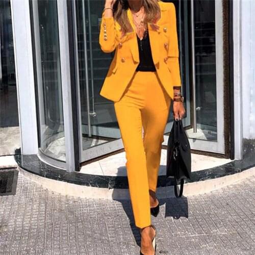 Womens double-breasted solid color suit two-piece slim-fit fashion lapel long-sleeved pants suit