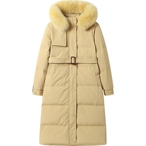 2020 new style 100% fox large fur collar down jacket women mid-length fashion thick 90% white duck down belt straight jacket