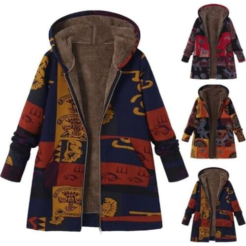 2021 European and American plus size womens plus velvet cotton coat ethnic printed hooded jacket