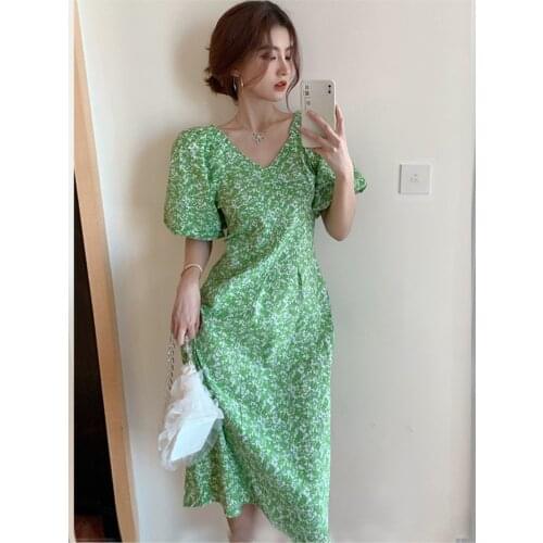 Womens Summer Retro Floral Elegant French Party Puff Sleeve V-Neck Midi Dress 2021 New Clothes