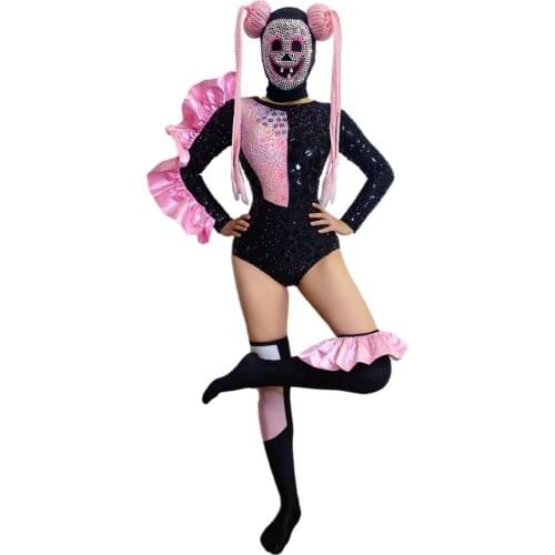 Pink Black Rhinestone Bodycon Bodysuit for Women Club Bar Stage Dance Costumes Halloween Party Womens Clothing Festival Outfits