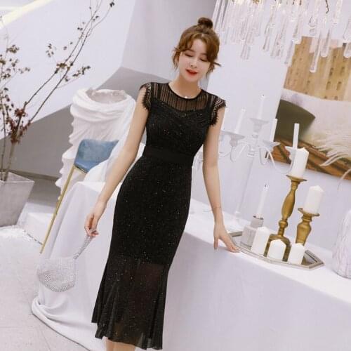 2021 Summer New Womens Fashion Celebrity Temperament Bright Silk Dress Mesh Stitching Slim Fishtail Skirt