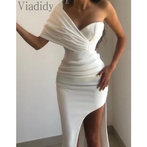 Women Sexy Solid Color One Shoulder Ruched Side Slit Maxi Party Dress