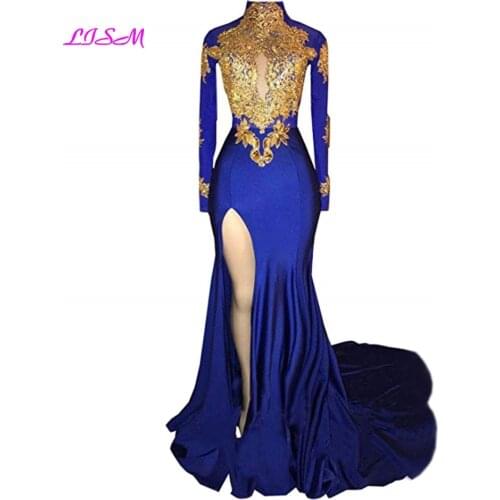Sexy Mermaid High Neck Prom Dresses Gold Appliques Long Sleeves Side Split Long Evening Dress Royal Blue Sweep Train Prom Gowns