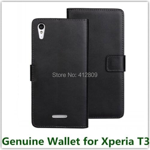 1PCS Fashion Black Original Genuine Leather Slot Stand Folding Wallet Cover Case for Sony Xperia T3 M50w with ID Card Holder