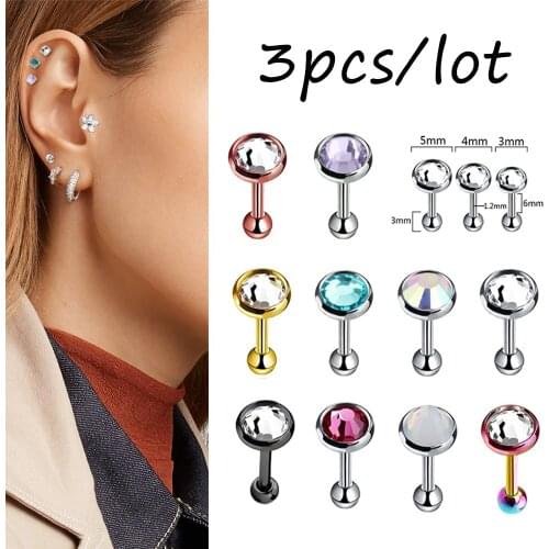 3Pcs/lot New CZ Crystal Cartilage Barbell Piercing Earrings Wome Ear Stud Tragus Earring Body Piercing oreja Jewelry Multi-color