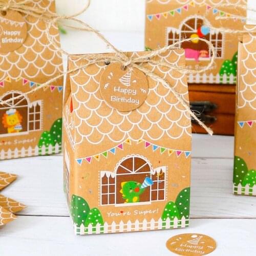 4sets House Shape Gift Box Childrens Party Candy Box Sloth Dino Treat Box with Happy Birthday Tags Favor Box Packing Set