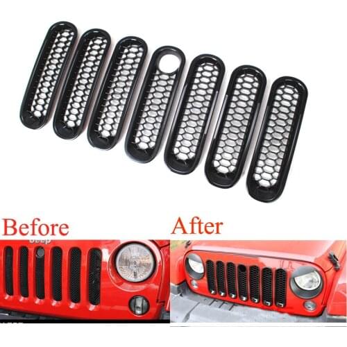 7pcs/set ABS Honeycomb Front Grille Grill Mesh Insert w/ Key Lock Hole Trim Cover Frame Decoration For Wrangler 2007-2015