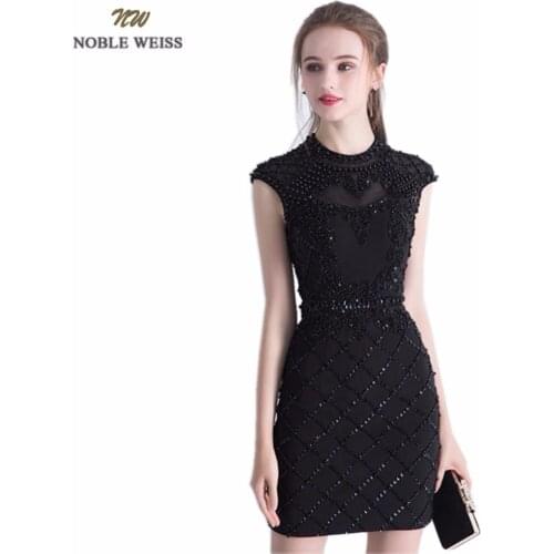 NOBLE WEISS Sexy Black Prom Dress O-Neck Satin Wedding Party Dress Mini Beading Straight Luxury Backless Prom Gown