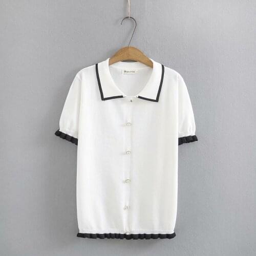 Plus size blouses tunics shirts 2021 fashion turn-down colar short sleeve Ice silk knitted black white summer Womens t-shirts