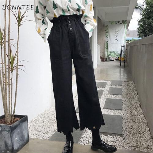 Women Jeans Plus Size 3XL Single Breasted Pleated Ripped Pocket Ankle-length Harajuku Ins Vintage Daily Trousers Fashion Korean