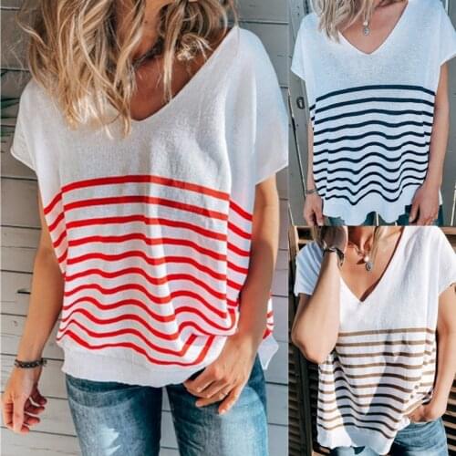 2021summer New Fashion V Neck Wmens T Shirts Tops Casual Loose Solid Short Sleeve Stripe Print Lady Thin Section T Shirts Basic