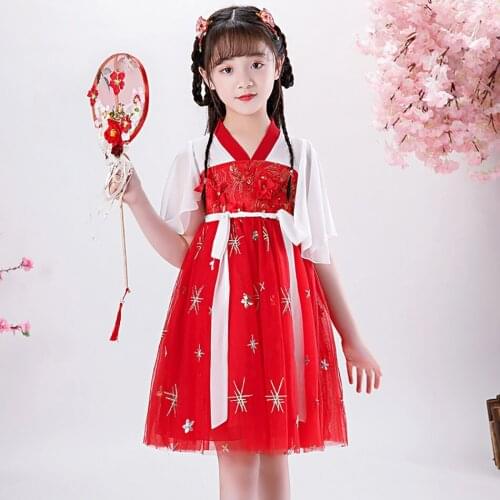Kidswant Chinese Style Spring Summer Costume Short Sleeve Mesh Hanfu Little Girl Fairy Dress For 3-14 Years