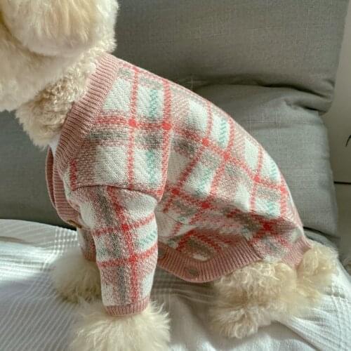 Ins Korean Soft Pink Plaid Dog Sweater Classic Pet Casual Outfit Costume Fashion Cardigan Knit Jacket For Bulldog Puppy Clothes