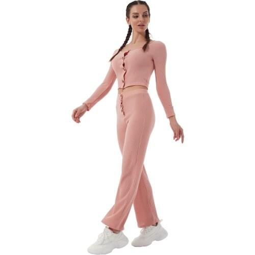 Tracksuit Women Fall 2021 Fashion Suit Pure Color Casual Crochet Set O Neck Long Sleeves Buttons Closure Top Loose Pants Gym Fit