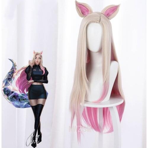 Advance sale game League of Legends cosplay wig LOL KDA Ahri Yellow gradual pink long hair ears cos wig Send hairnet