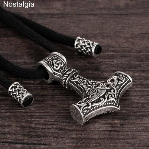 Nostalgia Thor Hammer Beads Viking Pendant Rope Chain Necklace Men Fashion Jewerly Ladies
