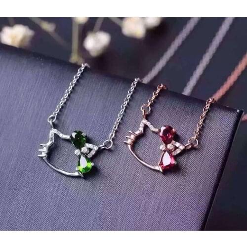 Natural red garnet gem Pendant necklace S925 silver Natural green diopside necklace Elegant small Kitty girl gift ball jewelery