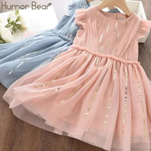 Humor Bear Girls Dress Summer Brand New Sequin Splicing Yarn Girls Round Neck Sleeveless Big Bow Dress Baby Kids Girls Clothing