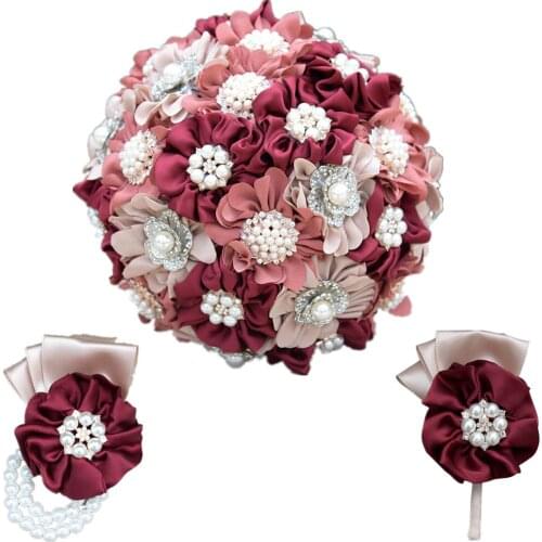Pink Wedding Bouquet Artificial Crystal Bridal Bouquets 2019 Groom Boutonniere Bridesmaid Wrist Flower Corsage Bracelet Set