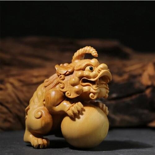 Boxwood 8CM Pixiu Sculpture Wood Carving Chinese Unicorn God Beast Statue Lucky Home Decor