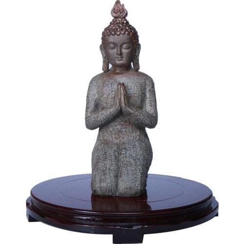 Three Hands Distressed Resin Kneeling Buddha Garden Statue Outdoor Friendly Buddhism Figurine Fairy Garden Ornaments Home Decor