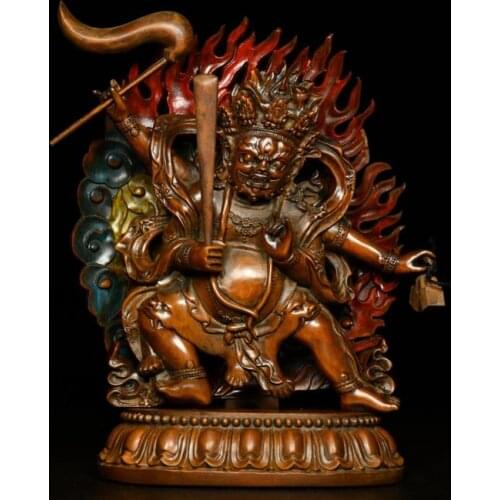 8" China Lucky Seikos Boxwood Paint Mahakala statue Six Armed Black Mahakala Gonpo Shiva Power King Kong Hand holding instrument