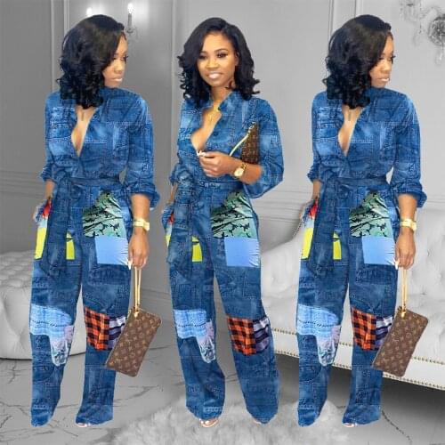 VAZN 2021 Top Quality Special Office Lady Young Print Free Casual Daily V-neck Full Sleeve Women Loose Jumpsuits