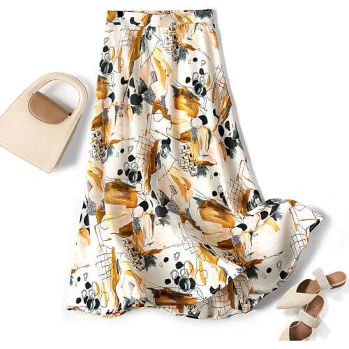 Floral chiffon skirt female 2021 spring and summer new fashion drape high waist slimming graffiti print mid-length A-line skirt