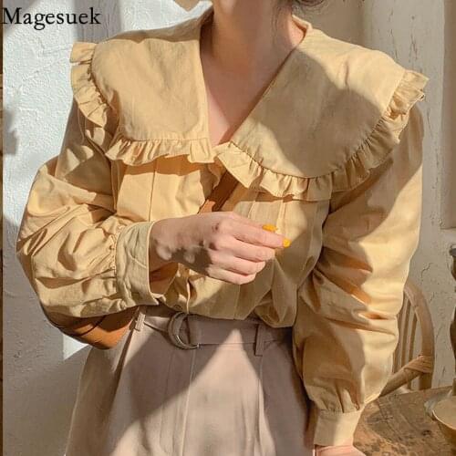 2021 Spring Doll Collar Blouses Women Korean Fashion Patchwork Loose White Blouse Shirt Ins Sweet Temperament Tops Blusas 14037