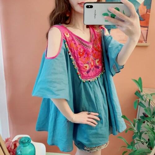 Korean Summer Women Mori Girl Style Sweet Cute Blue Lady Casual Loose Oversize Embroidery Bohemian Cotton Linen Shirts