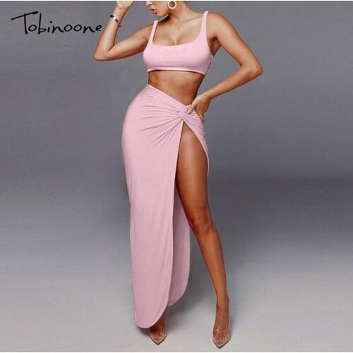 Tobinoone Solid High Split Tank Two Piece Set Women Backless Crop Top And Bodycom Skirt Sets Summer Sexy Pleated Party Outfits