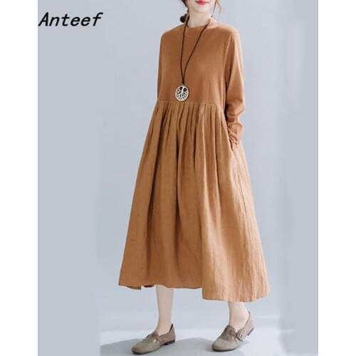 Long sleeve cotton linen vintage for women casual loose spring autumn dress elegant clothes 2021 ladies dresses