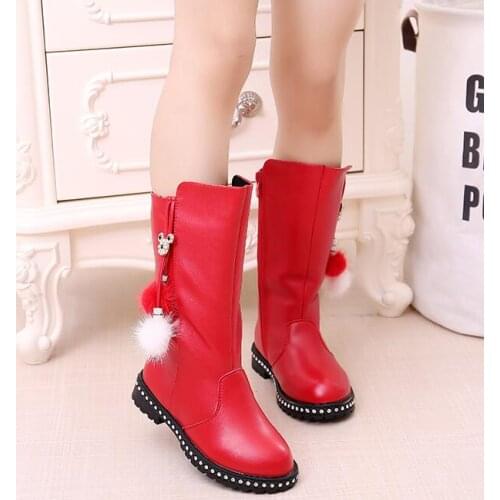 Winter Girls Boots Fashion Hairball Princess Cotton Warm Children Boots Kids Leather High Boots Student Plush Snow Boots
