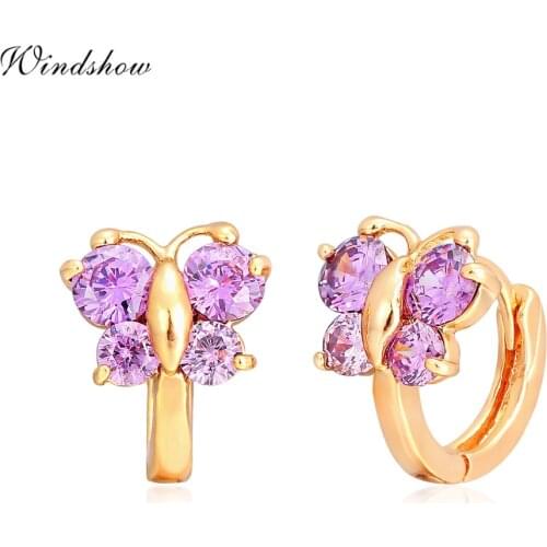 Baby Girls Huggies Small Hoop Earrings For Women Kids Child Gold Color Butterfly Purple CZ Cute Jewelry Anti-Allergic Aros Arete