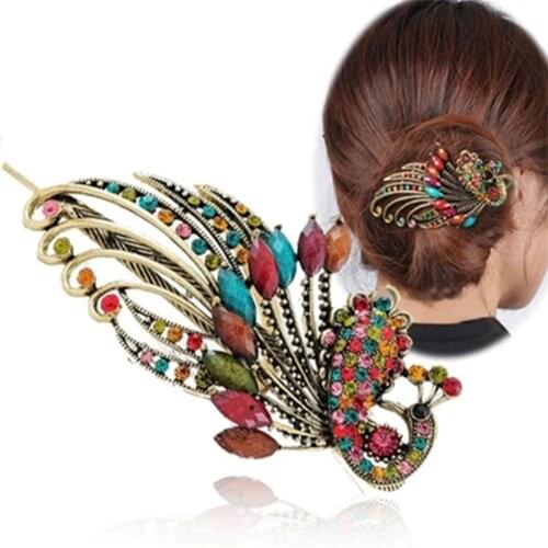 Earofcorn Exquisite Retro Style Rhinestone Peacock Hair Pin Hair Fork Phoenix Duckbill Clip Hair Jewelry