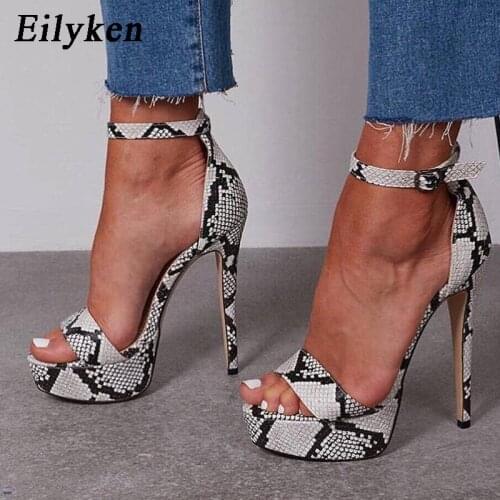 Eilyken Fashion New Sexy Sandals Peep Toe Buckle Strap Thin Heels Print Serpentine Super High Heels Gladiator Women Shoes