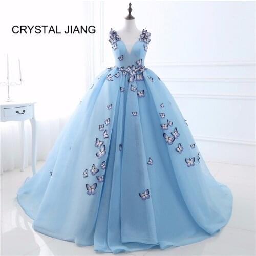 CRYSTAL JIANG 2019 Elegant Prom Dress V Neck Natural Waist Butterfly Applique Sweep Train Ball Gown Prom Party Dresses