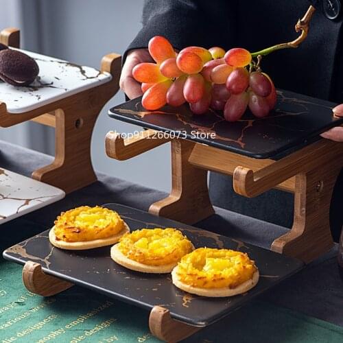 Marbling Ceramic Cake Rack Afternoon Tea Snack Double Wooden Frame Snack Table Decoration Fruit Plate Dessert Plate