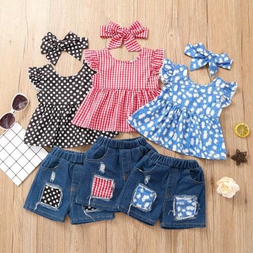 2021 Brand New Three Piece Girl’s Clothes Fashion Print Fly Sleeve Tops and Patchwork Denim Shorts with Headband