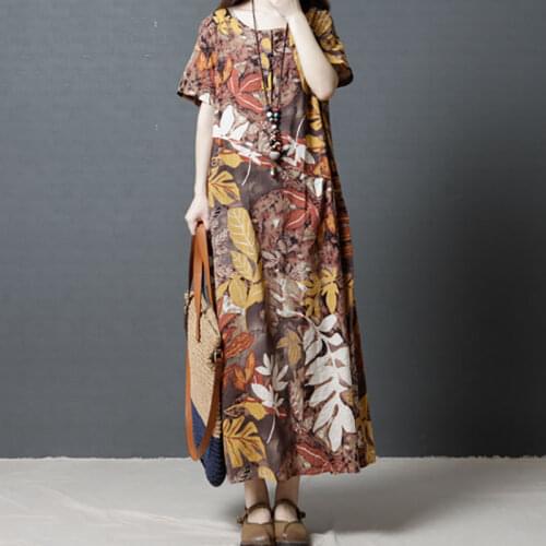 2021 Summer New Retro Art National Style Womens Loose Large Size Print Dress Casual Short-sleeved Cotton Linen Dresses v566